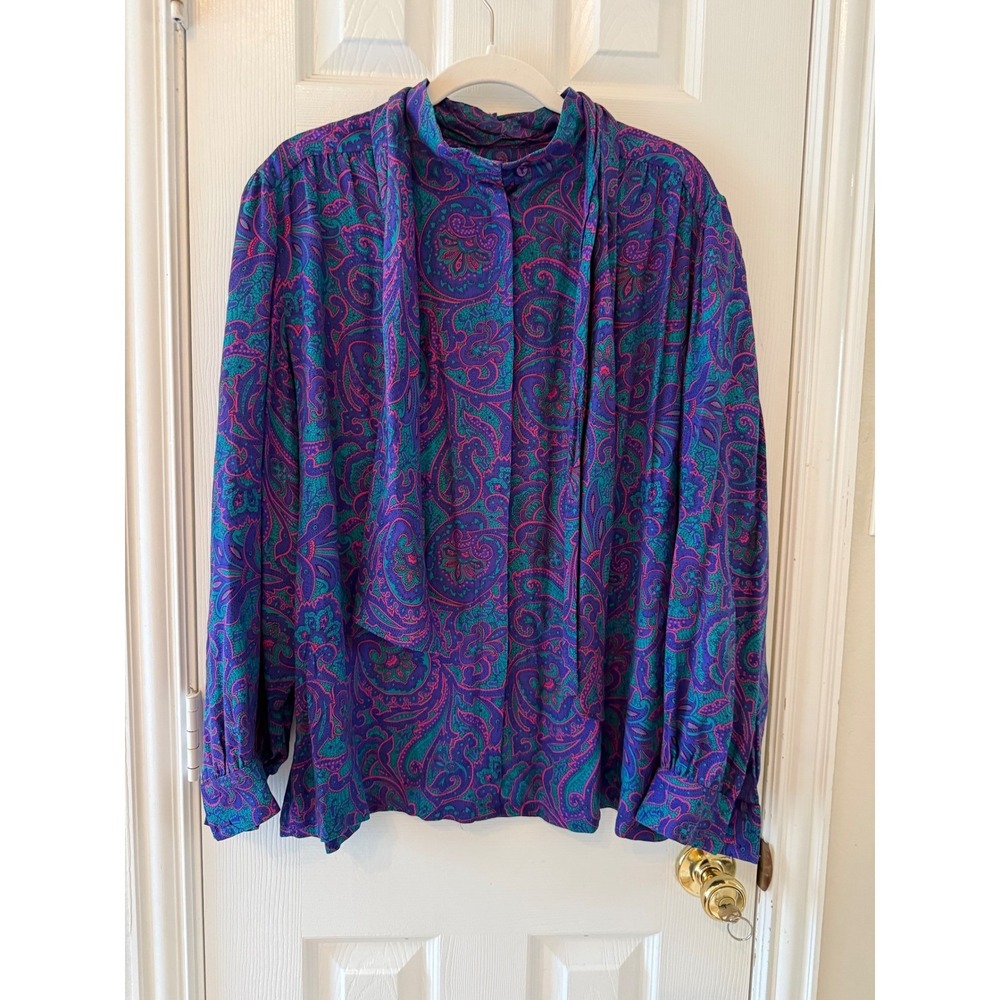 Vintage Country Sophisticates by Pendleton Paisley‎ Tie Neck Blouse Purple Teal